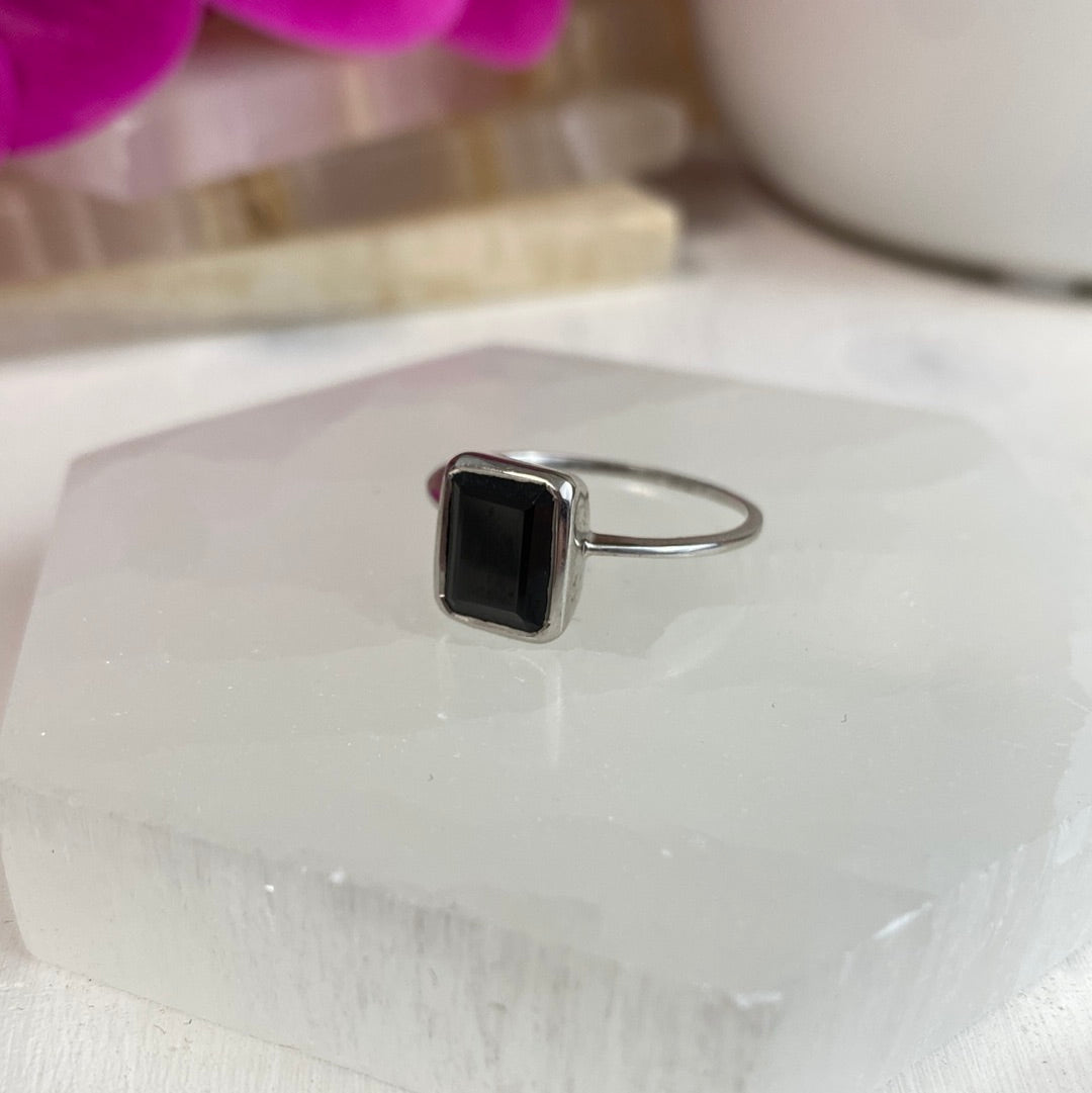 Black Spinel Cut Sterling Silver Ring (sized) -Square Cut
