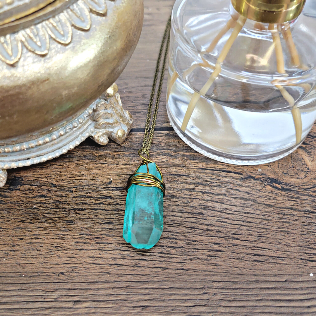 Blue Crystal Quartz Point Wrapped Antique Gold Wire Necklace