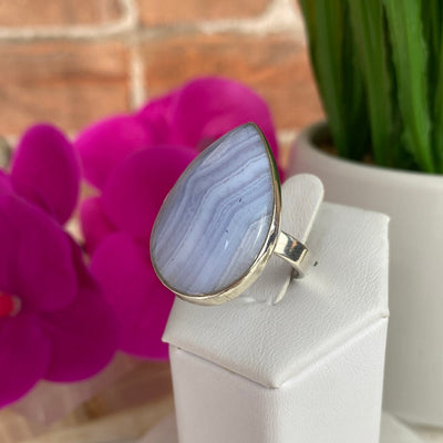 Blue Lace Agate Ring Polished and set in Sterling Silver with Adjustable Band