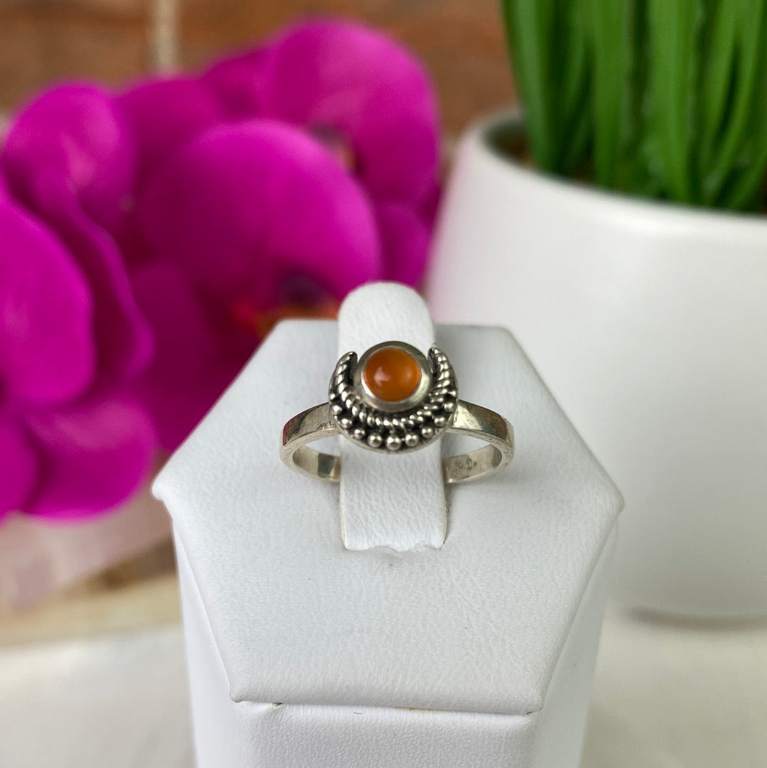 Carnelian Round Ring with Vine Sterling Silver Setting