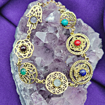 Chakra Hamsa Sacred Symbol Gemstone Bracelet