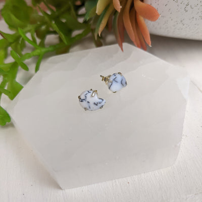 Dendritic Agate Prong Sterling Silver Stud Earrings