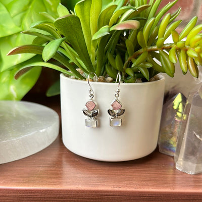 Flower Design Earrings with Rose Quartz, Smoky Quartz, & Moonstone