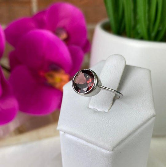 Garnet Gemstone Bezel Round Ring with Sterling Silver Sized Band