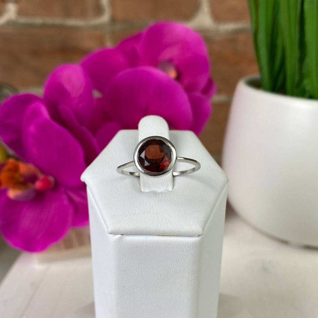 Garnet Gemstone Bezel Round Ring with Sterling Silver Sized Band