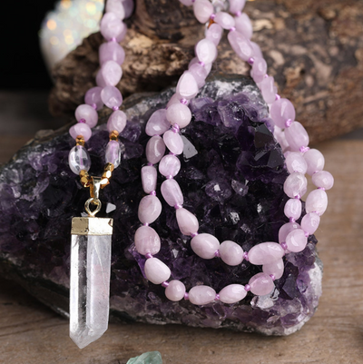 Gemstone Mala Beaded Necklace with Crystal Quartz Point 32" - Various Stones