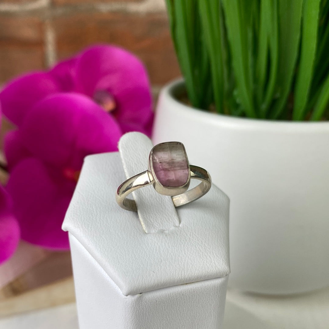Gemstone Polished Sterling Silver Ring-Sized, (watermelon tourmaline, rhodochrosite, dalmation jasper, rhodochrosite, labradorite)