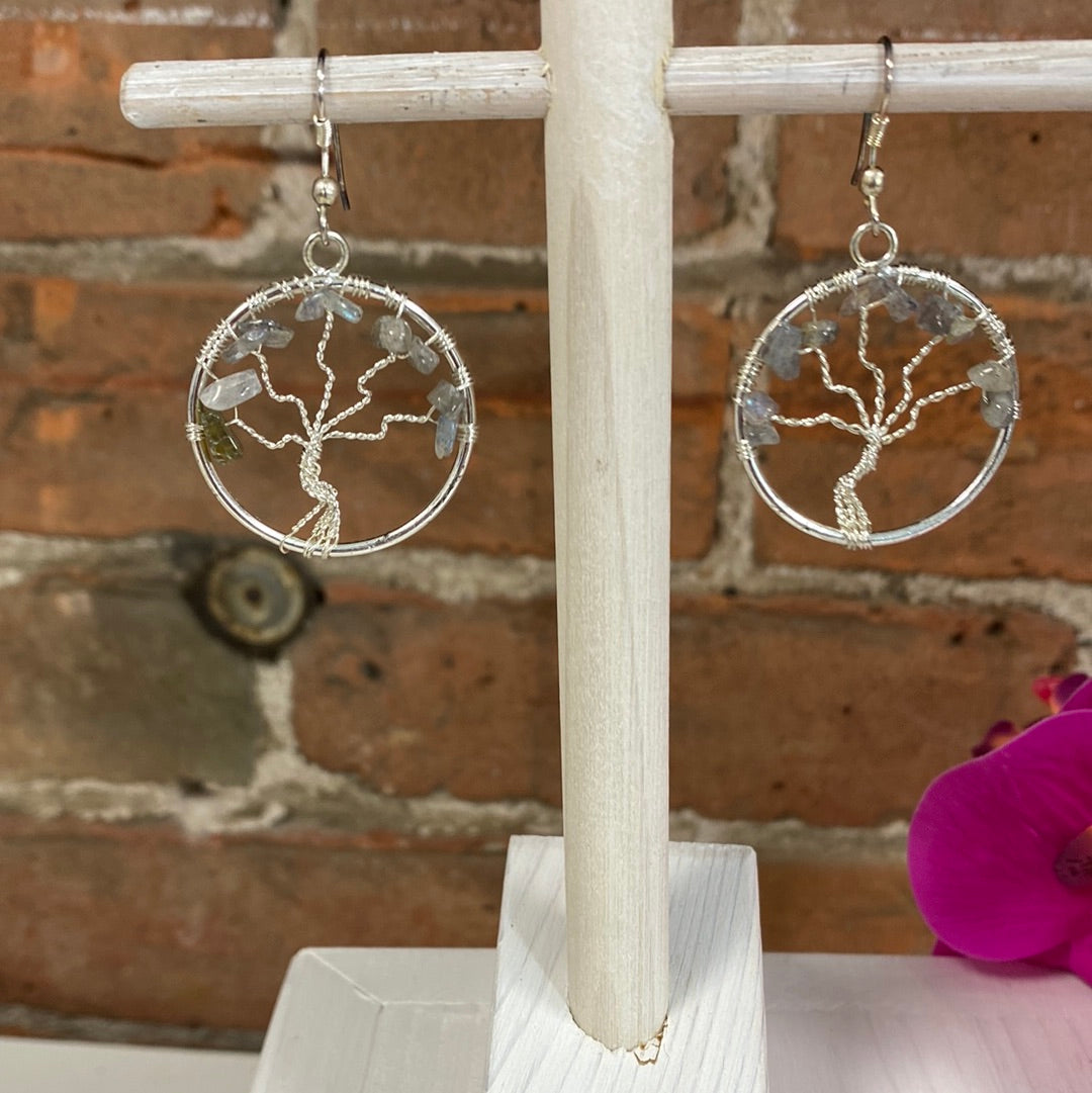 Gemstone Tree of Life Silver Earrings 1"-Variants Available