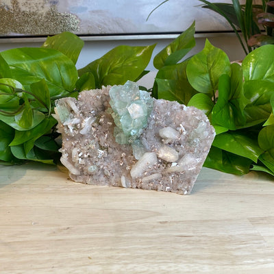 Green Apophyllite with Stilbite and Chalcedony- India (5” x 3.5”)