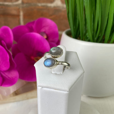 Labradorite Double Stone Wrap Ring with Sterling Silver Adjustable Band