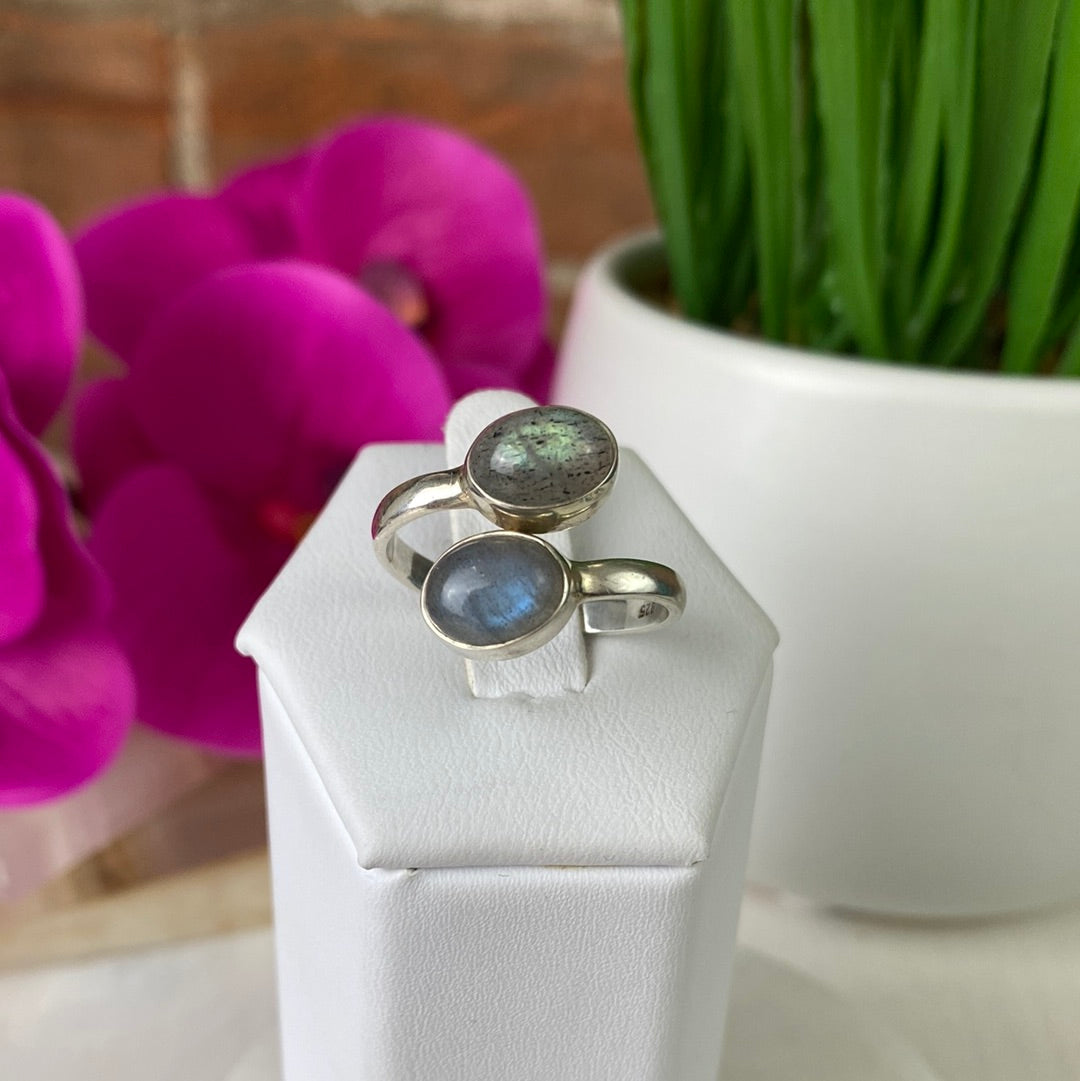 Labradorite Double Stone Wrap Ring with Sterling Silver Adjustable Band