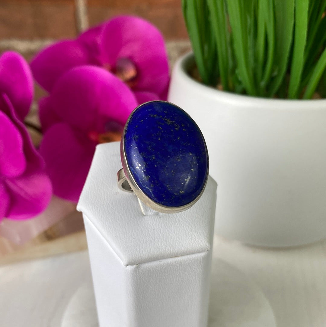 Lapis Lazuli Ring Polished Stone 1" with Adjustable Sterling Silver Band
