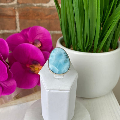 Larimar Ring Polished 0.75-1" stone with Sterling Silver Sized Band