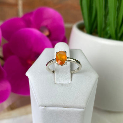 Mexican Fire Opal Ring Oval with Sterling Silver Prong Setting and Sized Band