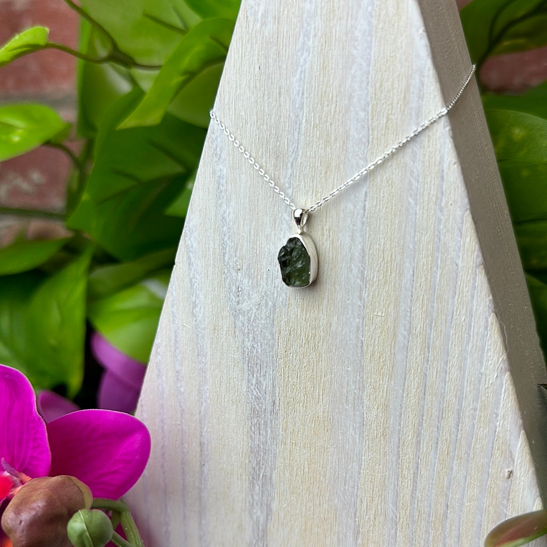 Moldavite Rough Sterling Silver Pendant Necklace .5" with 16 - 18" Adjustable Sterling Silver Chain