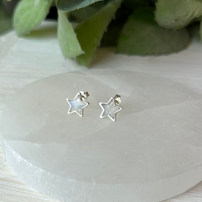 Moon and Star Sterling Silver Stud Earrings 5mm in Labradorite or Moonstone