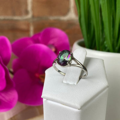 Mystic Quartz Ring Faceted Oval with Sterling Silver Prong Setting and Sized Band