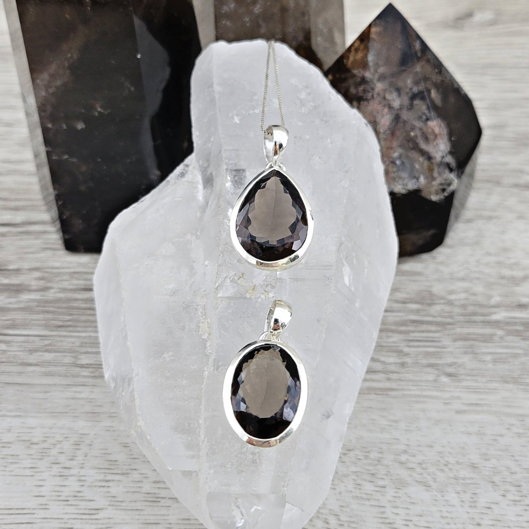 Natural Smoky Quartz Faceted Pendant Sterling Silver-Oval or Teardrop