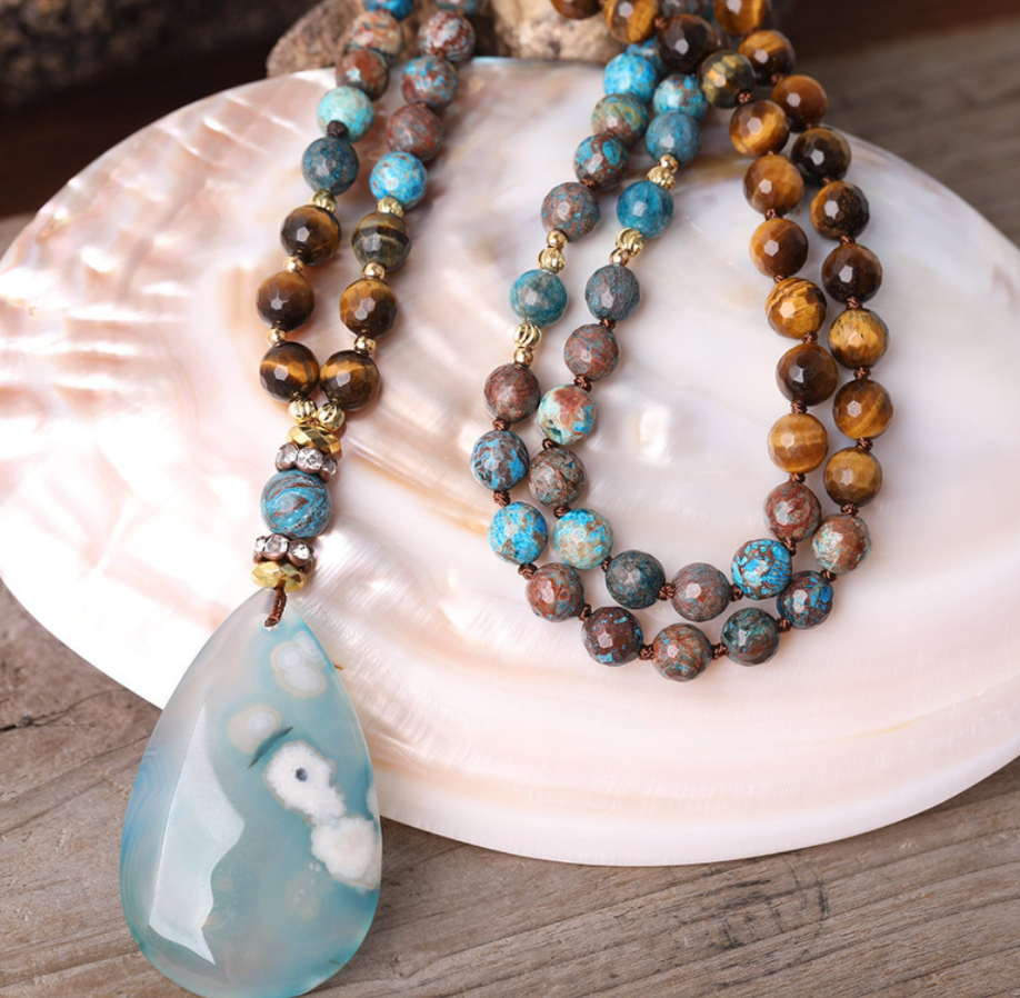 Ocean Agate Gemstone Mala Beads Necklace - Tiger Eye Stone