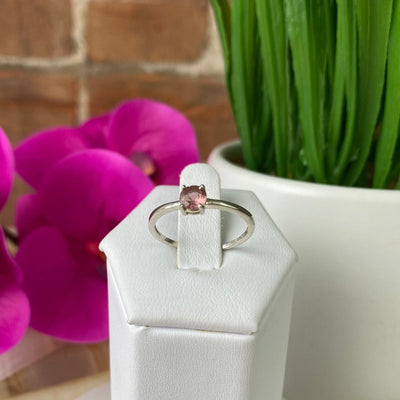 Pink Tourmaline Round Faceted Ring with Sterling Silver Prong and Sized Band