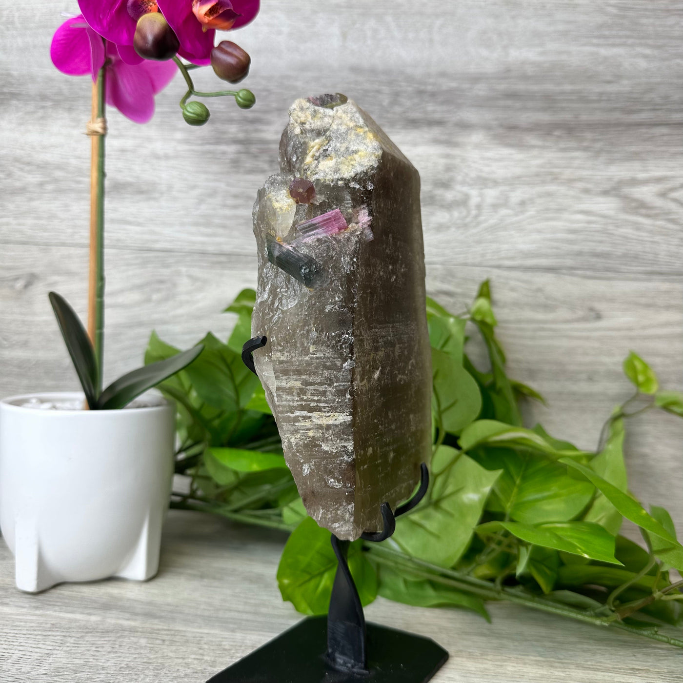 Pink and Green Tourmaline in Smoky Quartz on Custom Metal Stand