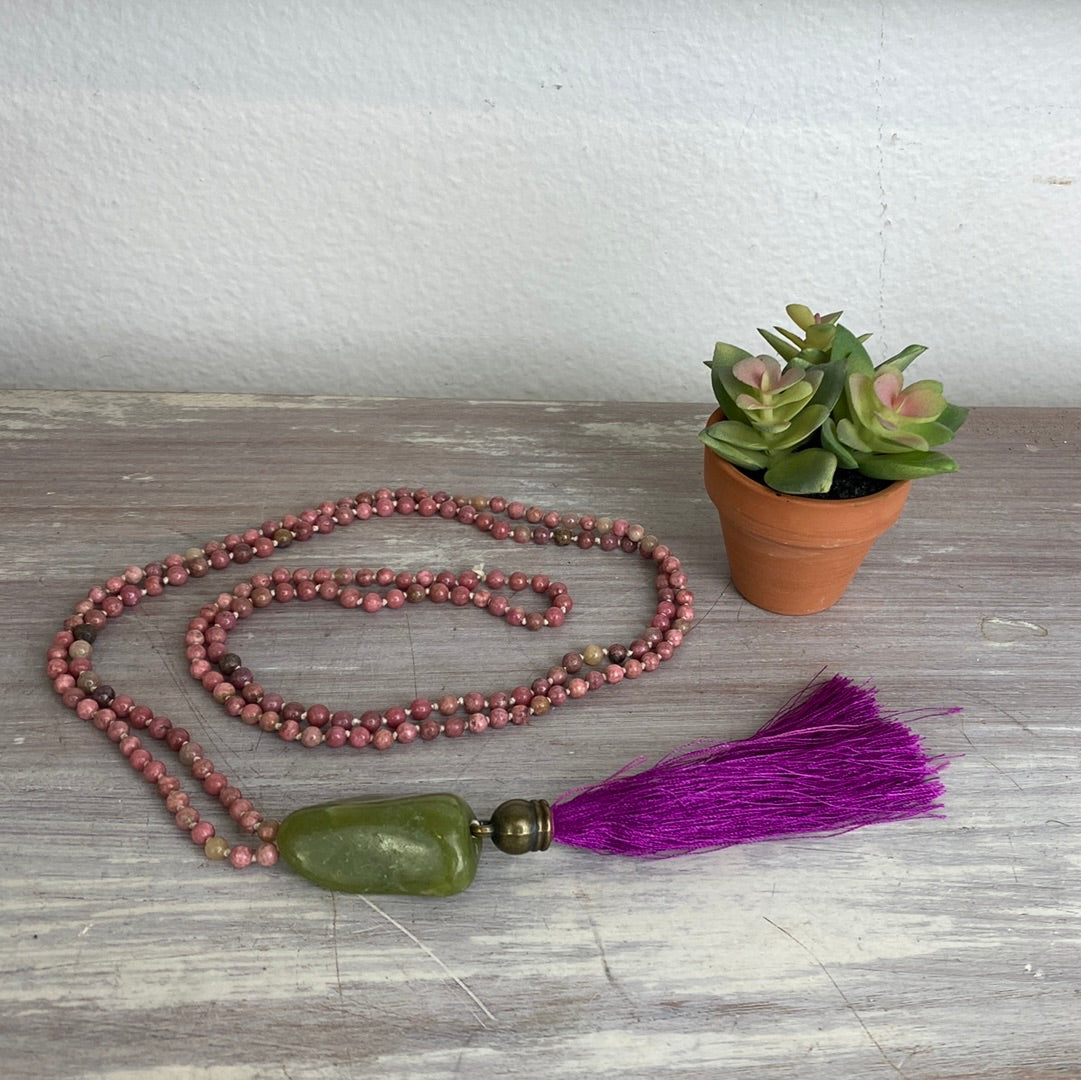 Rhodonite with Jade Accent Mala with Jade Pendant 30"-Handcrafted