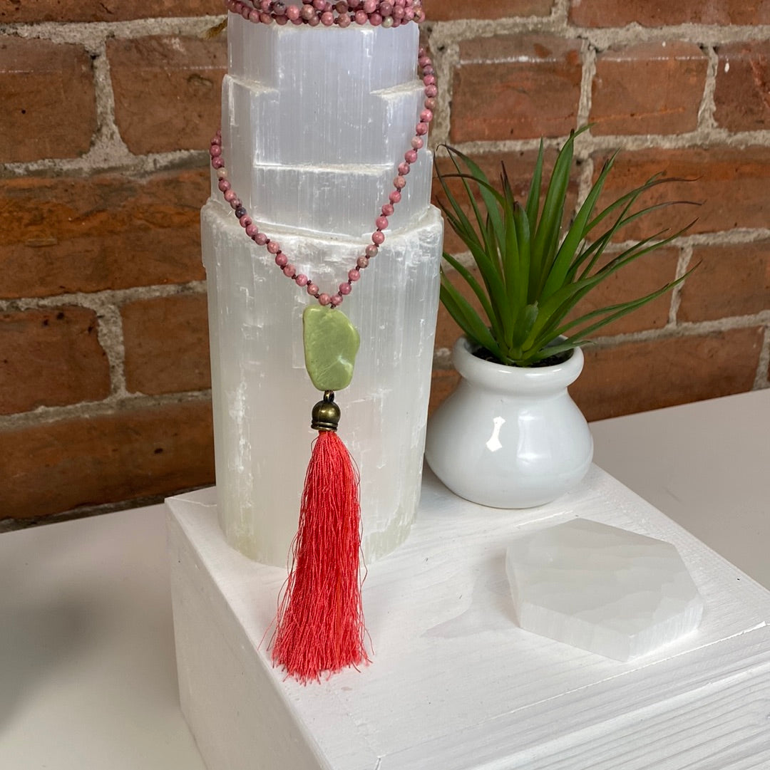 Rhodonite with Jade Accent Mala with Jade Pendant 30"-Handcrafted