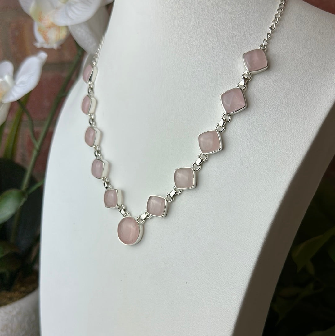 Rose Quartz Statement Necklace in Sterling Silver