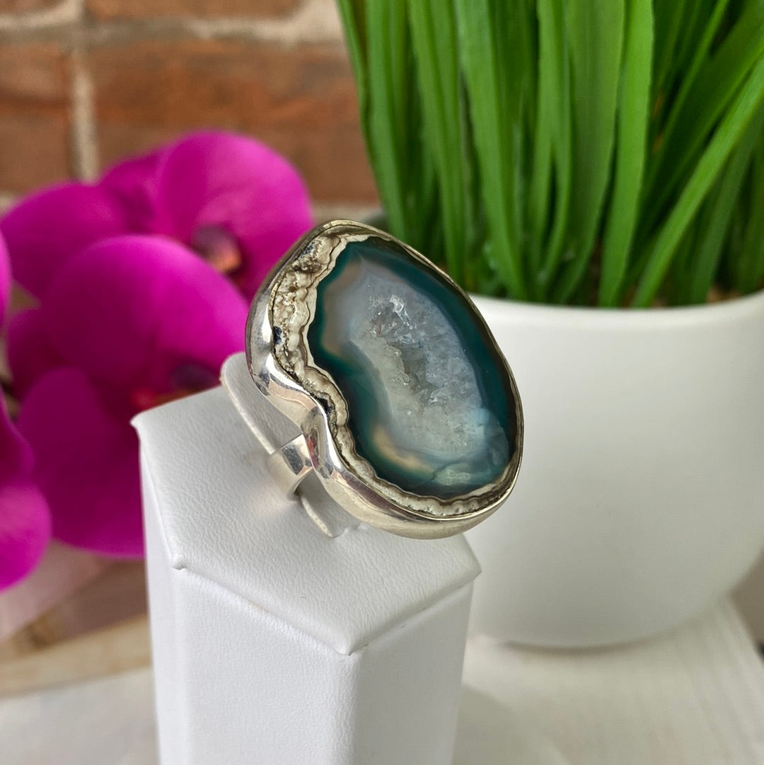 Seafoam Agate Ring with Adjustable Sterling Silver Band 1"