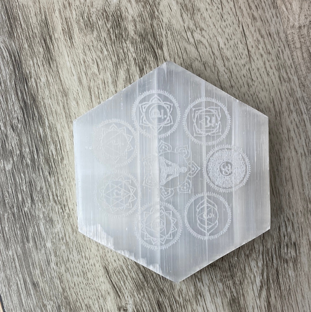 Selenite Chakra Etched Hexagon Charging Plate