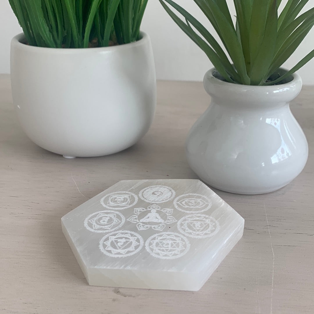 Selenite Chakra Etched Hexagon Charging Plate