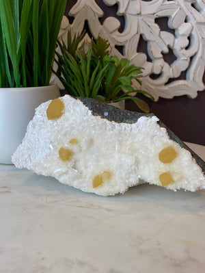 Stilbite and Calcite on Basalt - India (7” x 3.75”)