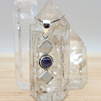 Tanzanite & Moonstone 3 Stone Drop Pendant with Sterling Silver