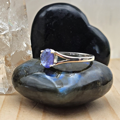 Tanzanite Oval Ring with Sterling Silver Prong Setting and Sized Band