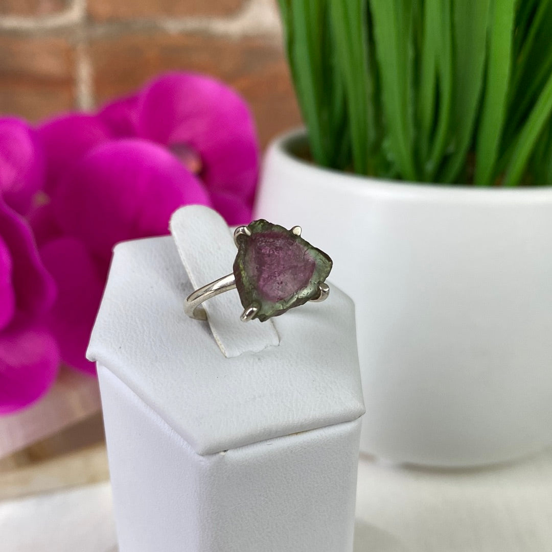 Watermelon Tourmaline Slice Ring with Sterling Silver Prong Setting and Sized Band